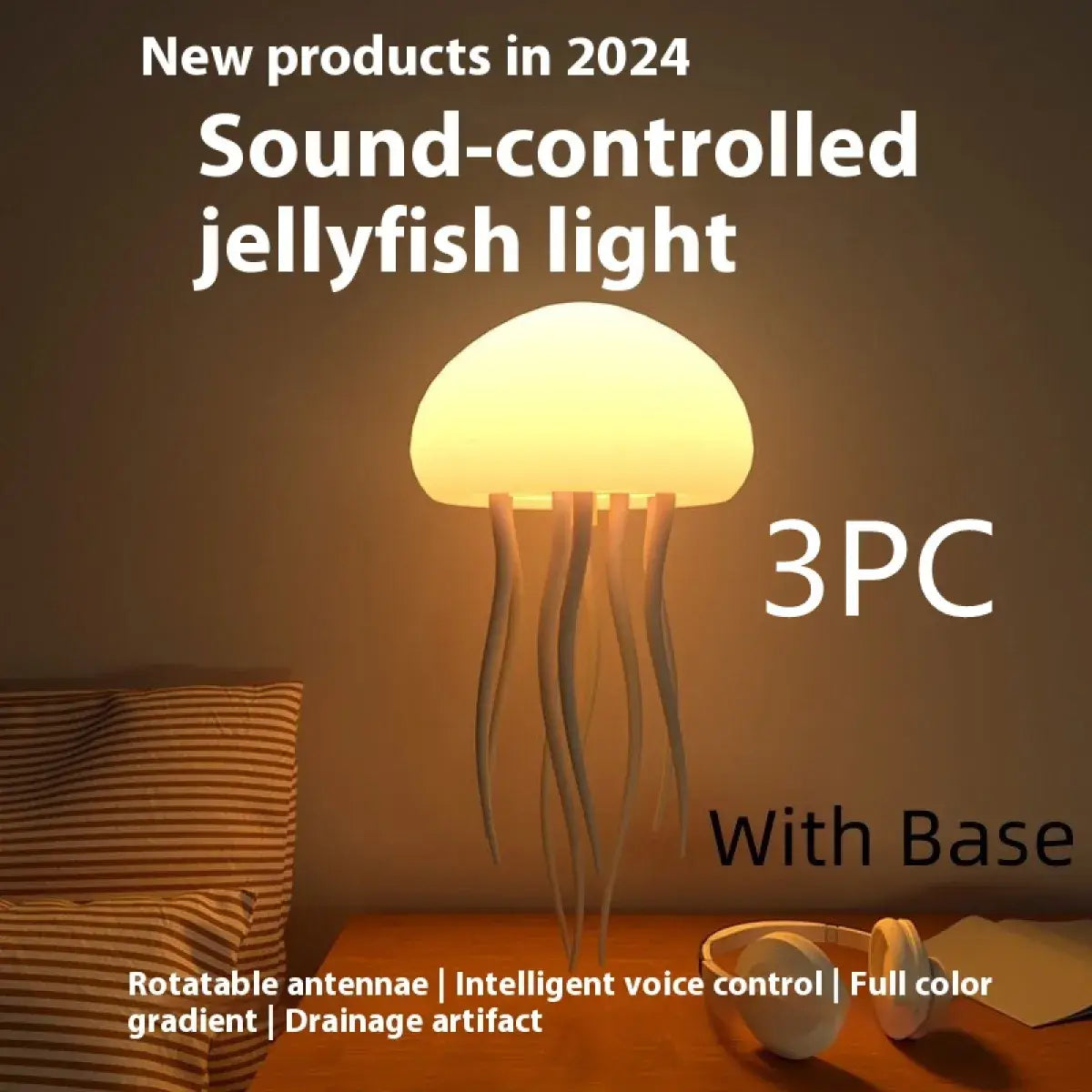 Sound-controlled jellyfish light with base, featuring rotatable antennae and full color gradient for a unique ambiance.