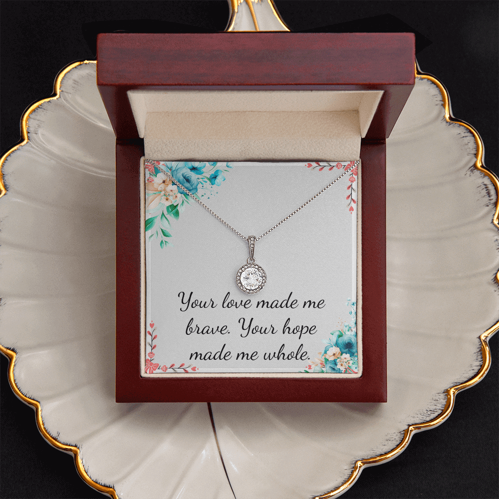 Eternal Hope Necklace in a gift box with heartfelt message for Mother's Day, featuring a sparkling cubic zirconia.