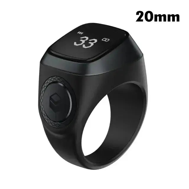 Digital Dhikr Smart Ring with Bluetooth, displaying count and stylish black design.