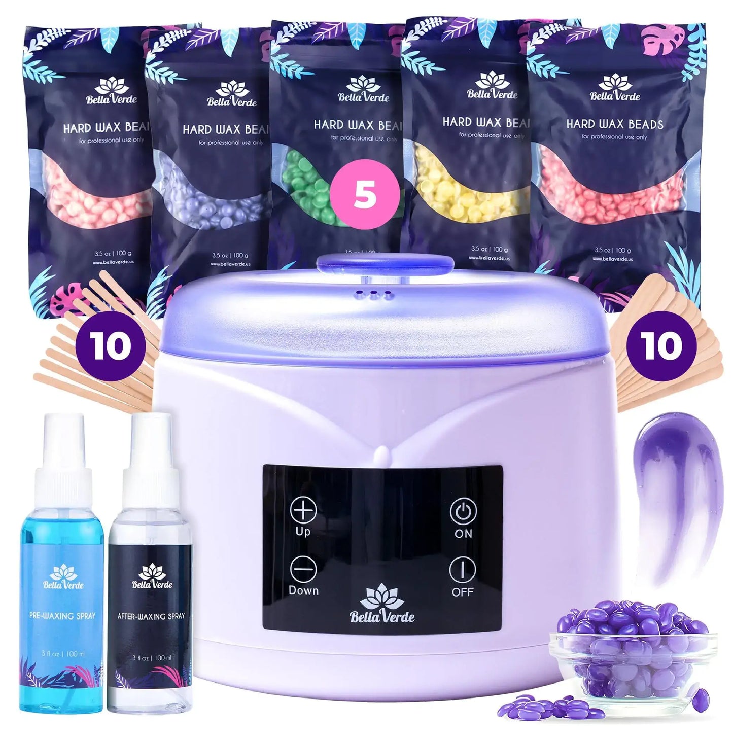Bella Verde waxing kit with hard wax beads, warmer, application sticks, and soothing sprays for hair removal at home.