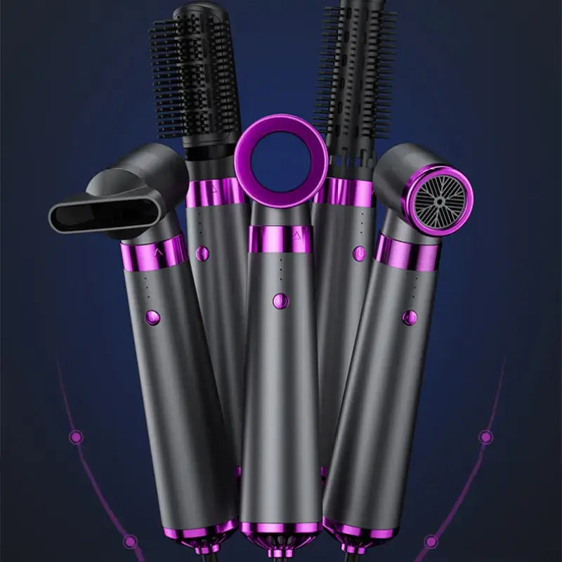 Ultimate Style 5-in-1 Hair Tool featuring detachable barrels for drying, curling, straightening, and volumizing hair.