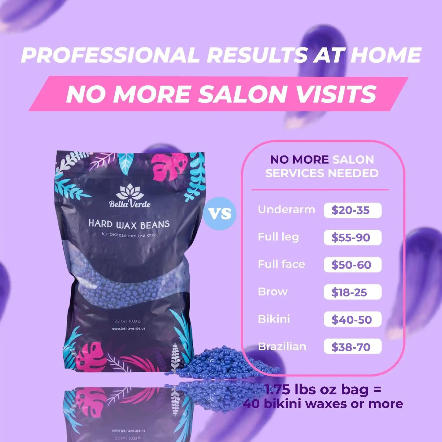 Lavender Bliss hard wax beads comparison chart for home hair removal vs salon costs.