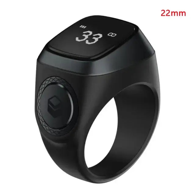 Black digital dhikr smart ring showing count display, innovative design for tracking daily dhikr easily.