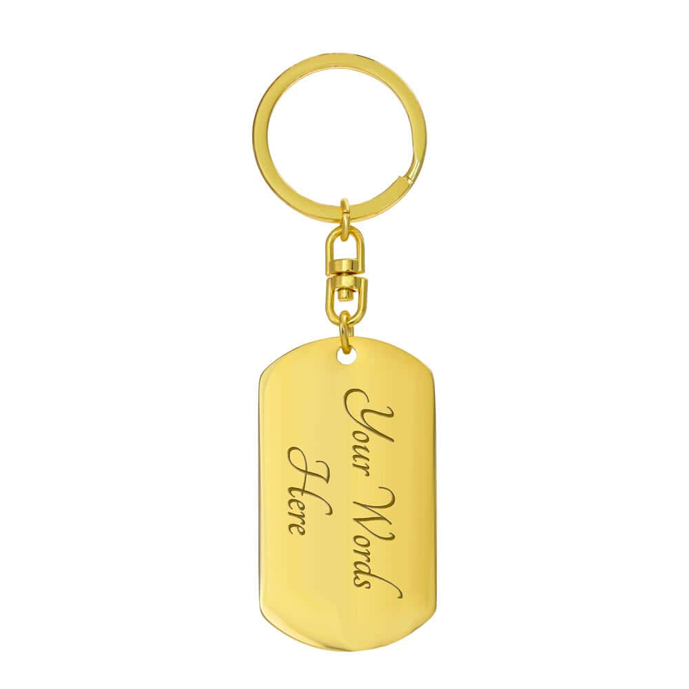 Personalized gold keychain pendant with engraved text, customizable for unique messages, made from high-quality materials.