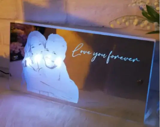 Customized LED Glow Mirror with a romantic photo and the text 'Love you forever' elegantly displayed.