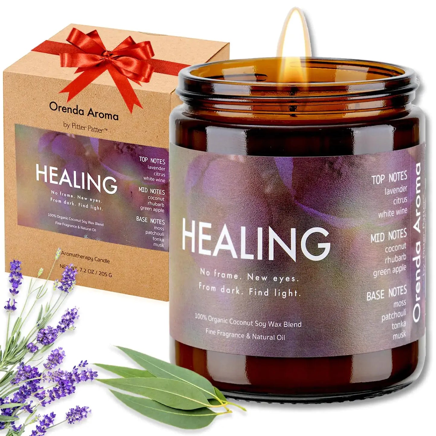 Pitter Patter Healing candle with lavender and eucalyptus scent in jar, organic soy wax, 50-hour burn, pet safe, aromatherapy.