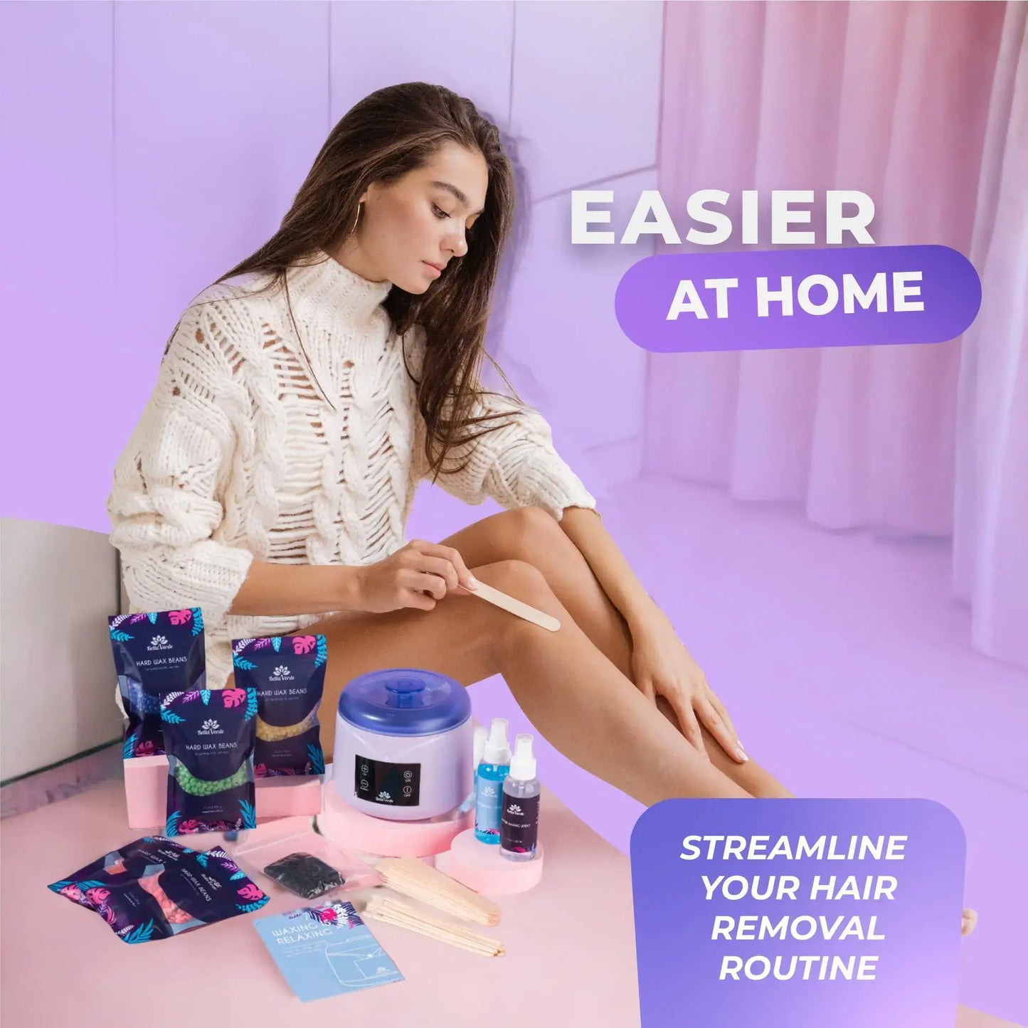 Woman using a waxing kit at home for hair removal, showcasing convenience and efficiency in personal care.