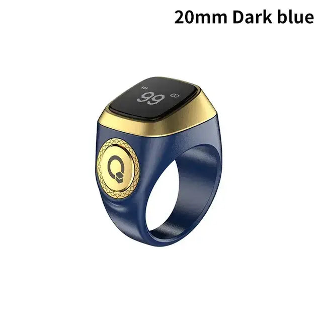 Digital Dhikr Smart Ring in dark blue, featuring a sleek design and Bluetooth connectivity for easy tasbih counting.