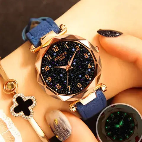 Quartz women's watch with luminous starry design, 35mm dial, blue strap, perfect for any occasion.