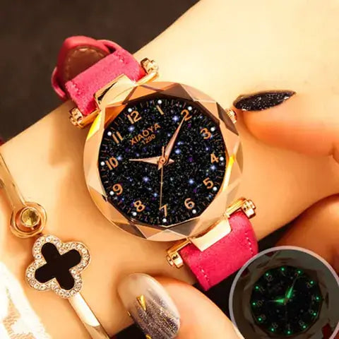 Quartz women's watch with luminous starry design on a pink strap, featuring a stylish 35mm dial.