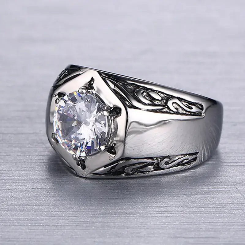 Stylish silver ring with a large crystal and intricate detailing, perfect for modern men.