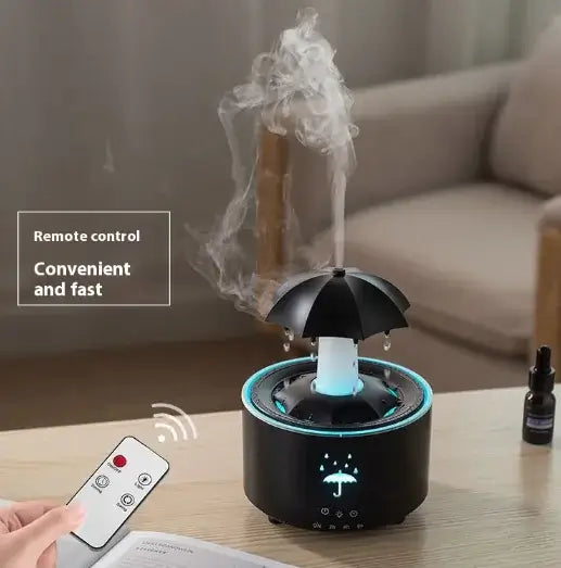 Rotating aroma humidifier with remote control, releasing soothing mist and enhancing home atmosphere.