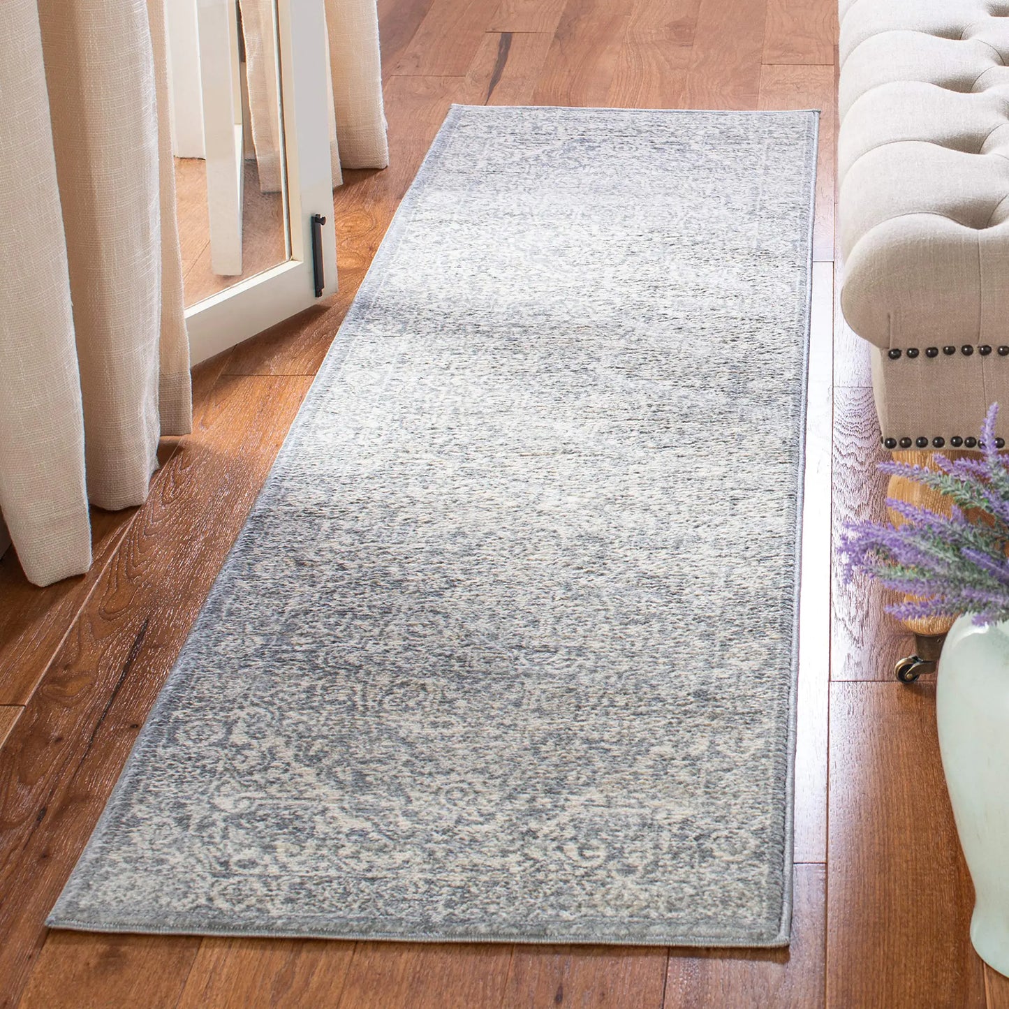 SAFAVIEH Brentwood 2x22 runner rug in light grey and ivory, featuring distressed medallion design, ideal for high traffic areas.