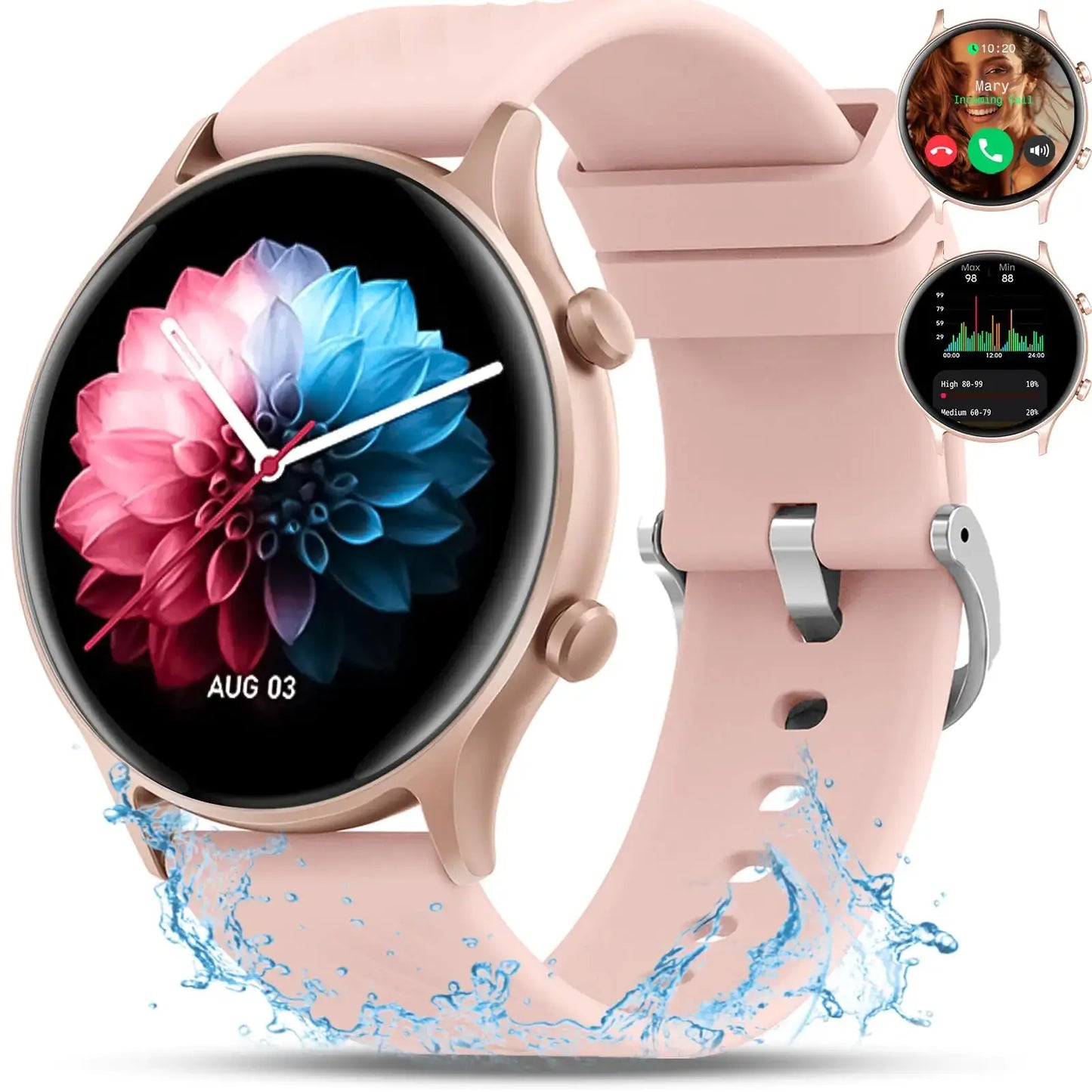 Pink round smartwatch with floral dial display, waterproof feature, and fitness tracking capabilities for women.