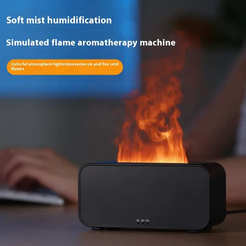 Flame-effect USB aroma diffuser humidifier for soothing mist and cozy ambiance in black color.