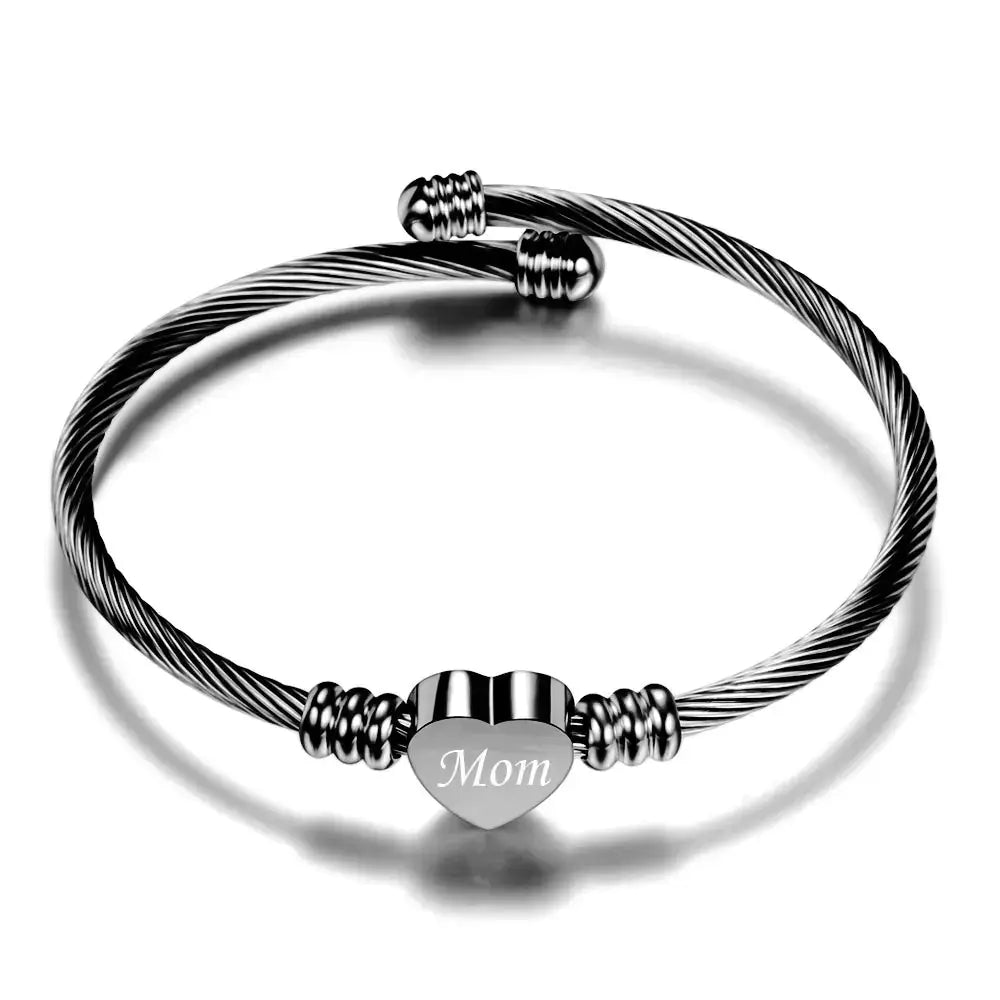 Stainless steel braided bracelet with heart charm engraved 'Mom', perfect Mother's Day gift