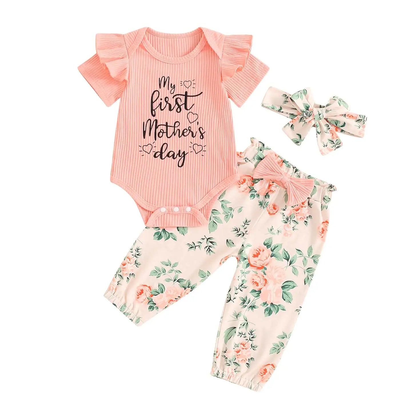 Adobabirl Newborn Baby Girl Clothes set with short sleeve ribbed romper, floral pants, and bow headband for Mother's Day.