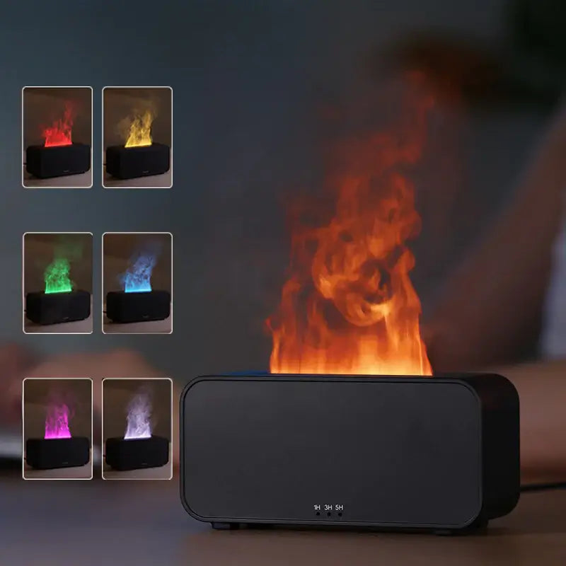 Timing simulation aroma diffuser with flame-effect humidifier in black, showcasing colorful flame visuals.