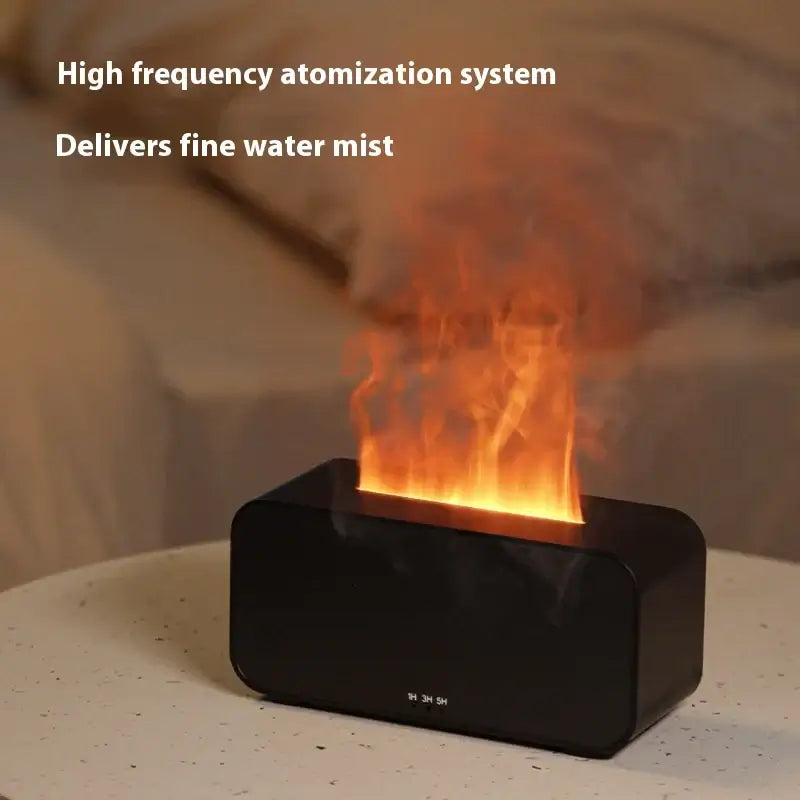 Flame-effect humidifier showcasing high frequency atomization system, delivering fine water mist in a cozy setting.
