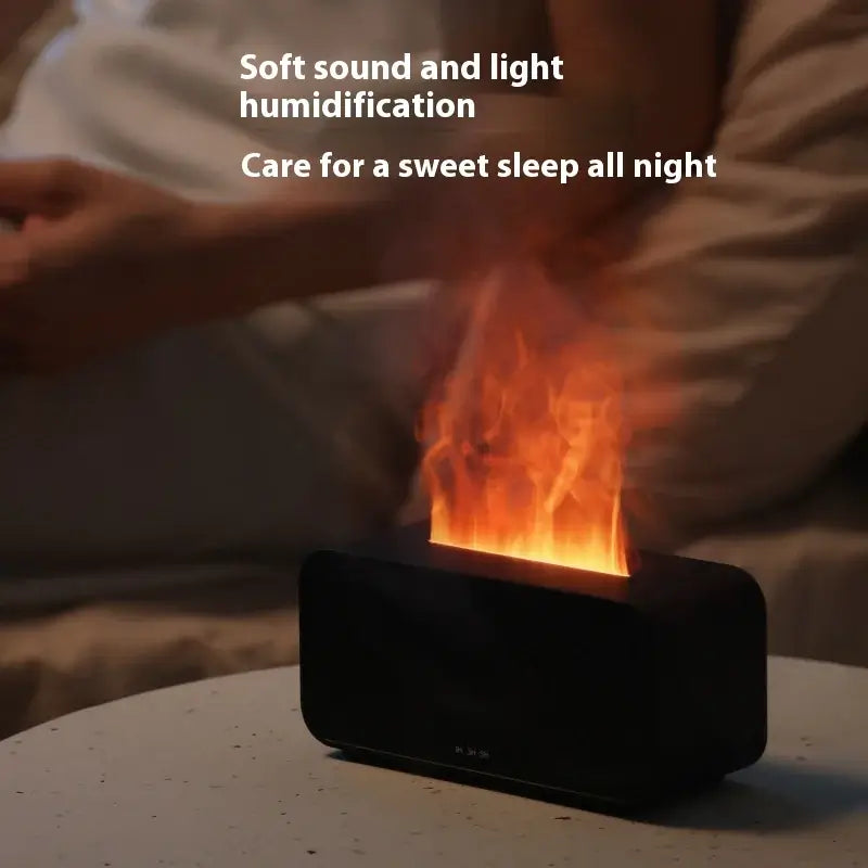 Flame effect aroma diffuser humidifier on a bedside table, promoting relaxation with soft sound and light for restful sleep.
