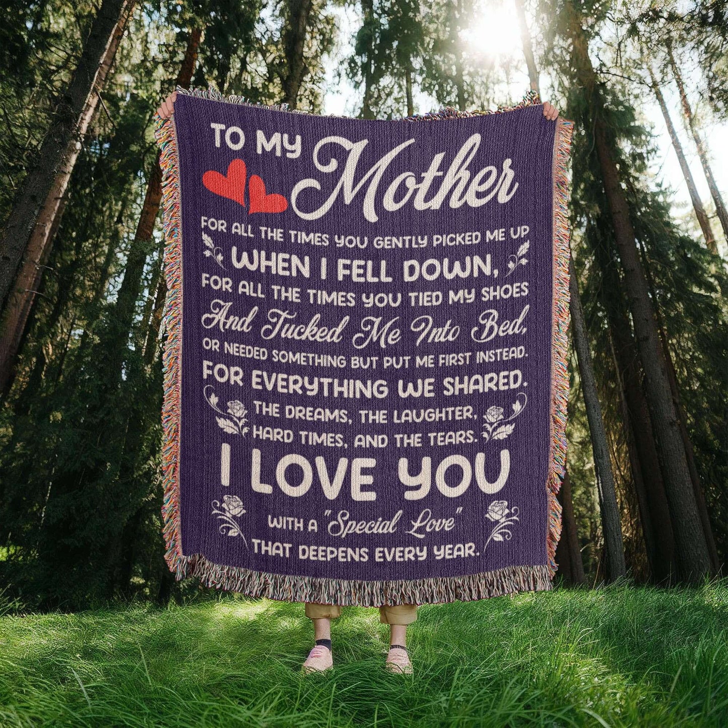 Heirloom woven blanket with love message for mother, perfect keepsake gift for special occasions in cotton.