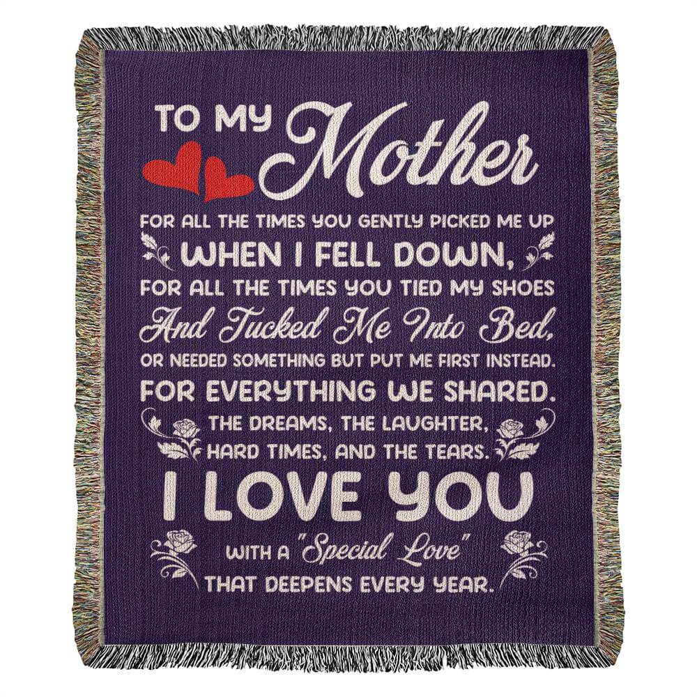 Woven blanket with heartfelt poem for mothers, expressing love, gratitude, and cherished memories.