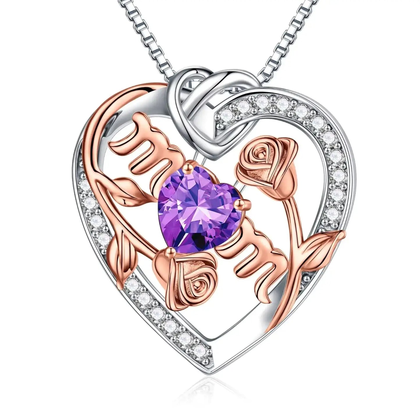 Sterling silver heart necklace for mom with purple birthstone and rose design, a perfect heartfelt gift.