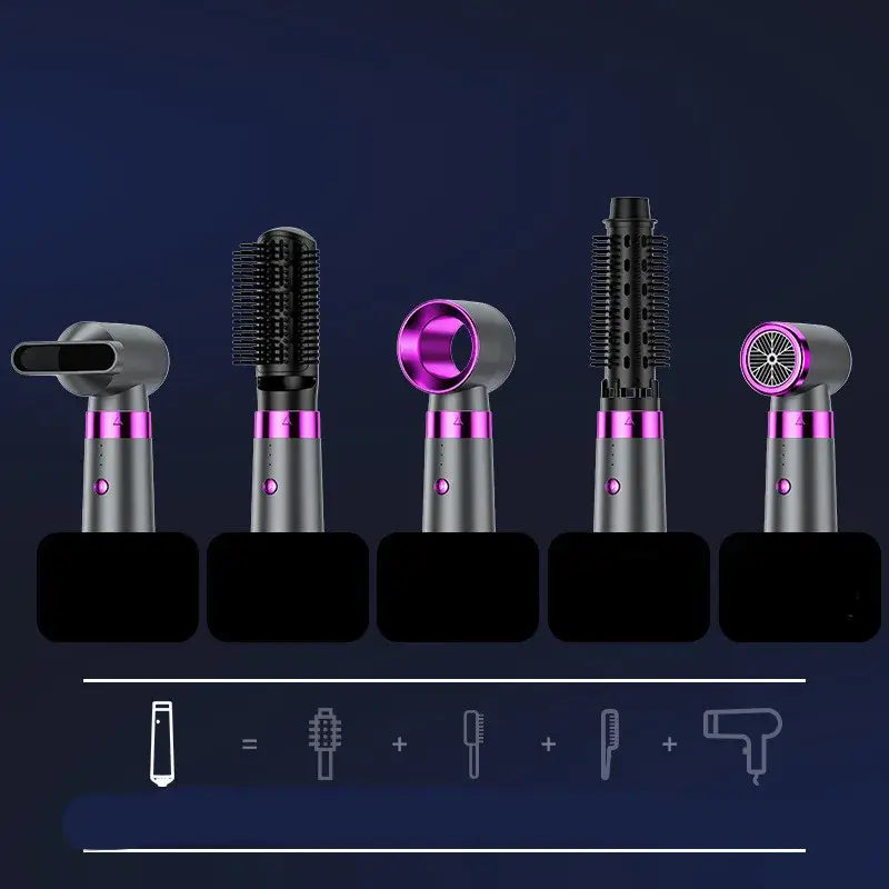 Five attachments of the Ultimate Style 5-in-1 Hair Tool for drying, curling, straightening, and volumizing hair.