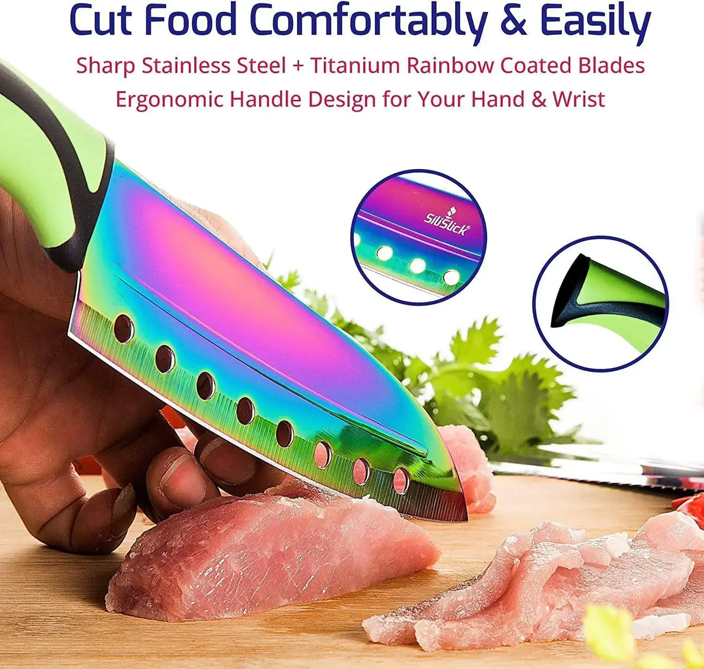 Close-up of a rainbow-coated kitchen knife cutting food, showcasing sharp stainless steel and ergonomic handle.