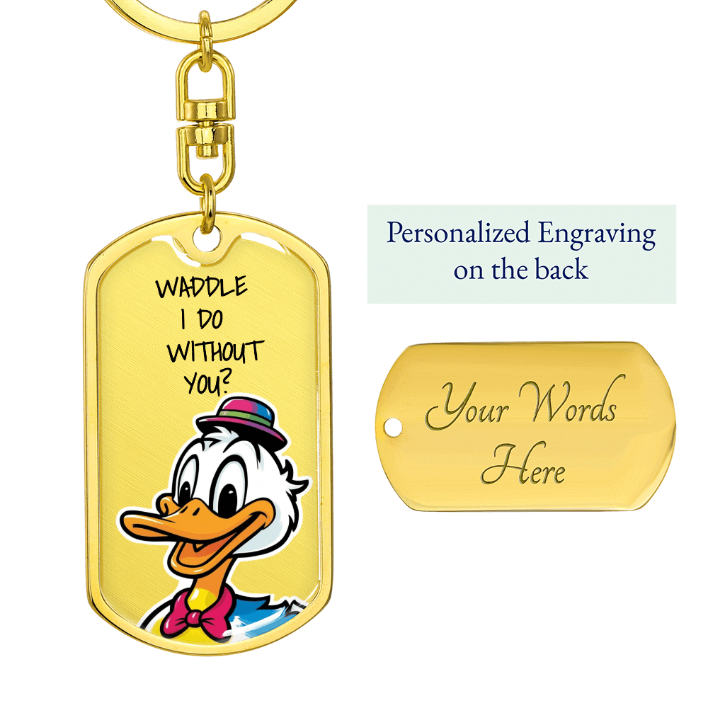 Gold dog tag pendant with cartoon duck and customizable engraving for personalized gifts.