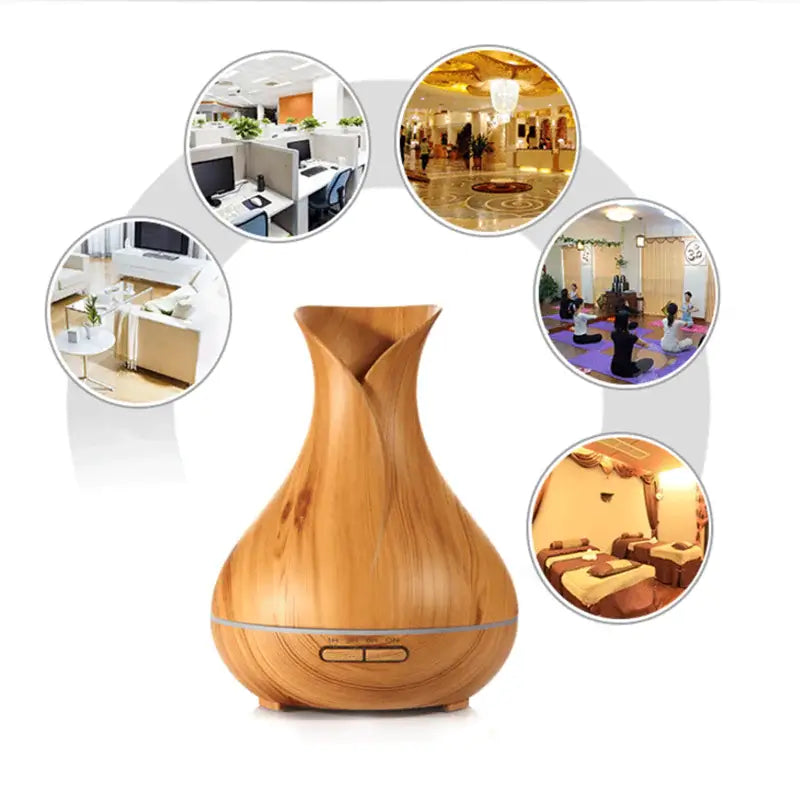 Wood Grain Aromatherapy Diffuser and Humidifier enhancing home decor with serene ambiance in various settings.