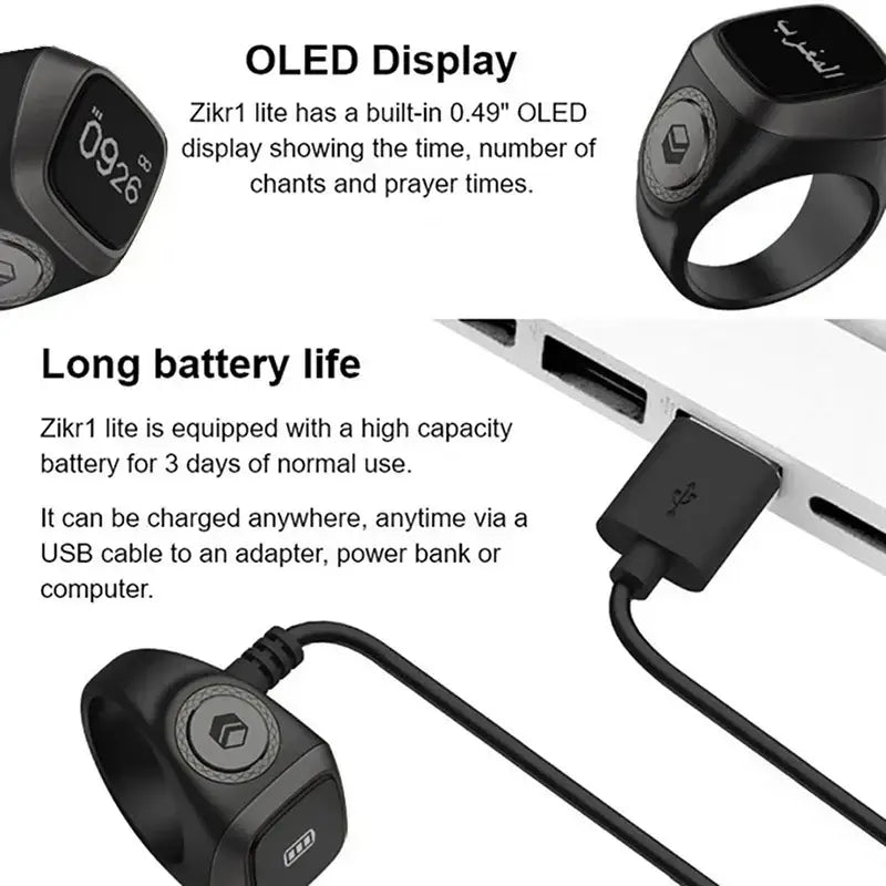 Close-up of Digital Dhikr Smart Ring showing OLED display and charging setup for long battery life.