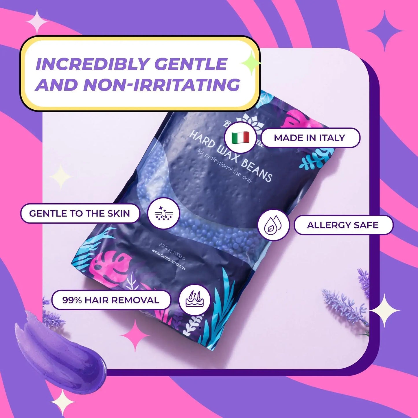 Lavender Bliss Hard Wax Beans packaging, gentle on skin and allergy safe, 99% hair removal, made in Italy.