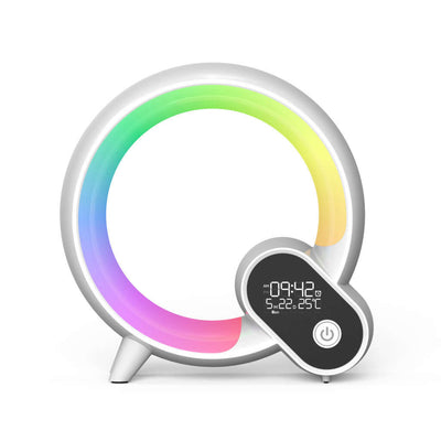 Creative Q Light alarm clock with colorful atmosphere light and digital display, stylish design for smart home use.