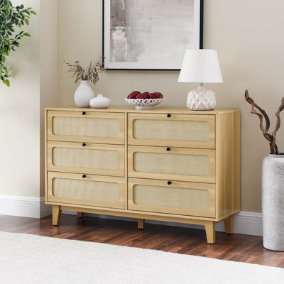 Wooden antique dresser TV cabinet with six drawers, ideal for bedroom and living room storage.
