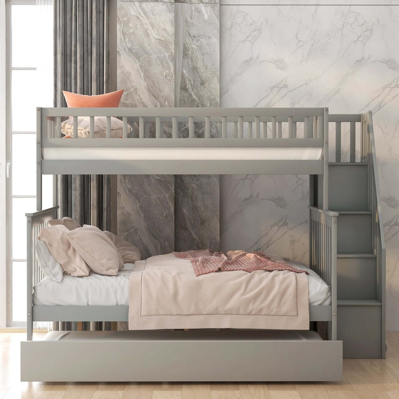Gray twin over full bunk bed with trundle and staircase in a modern bedroom setting.
