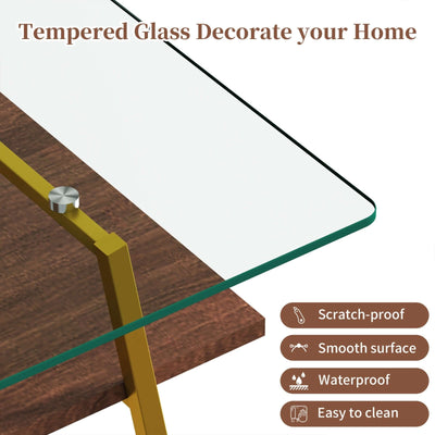 Tempered glass coffee table with gold metal legs and features like scratch-proof, waterproof, and easy to clean.