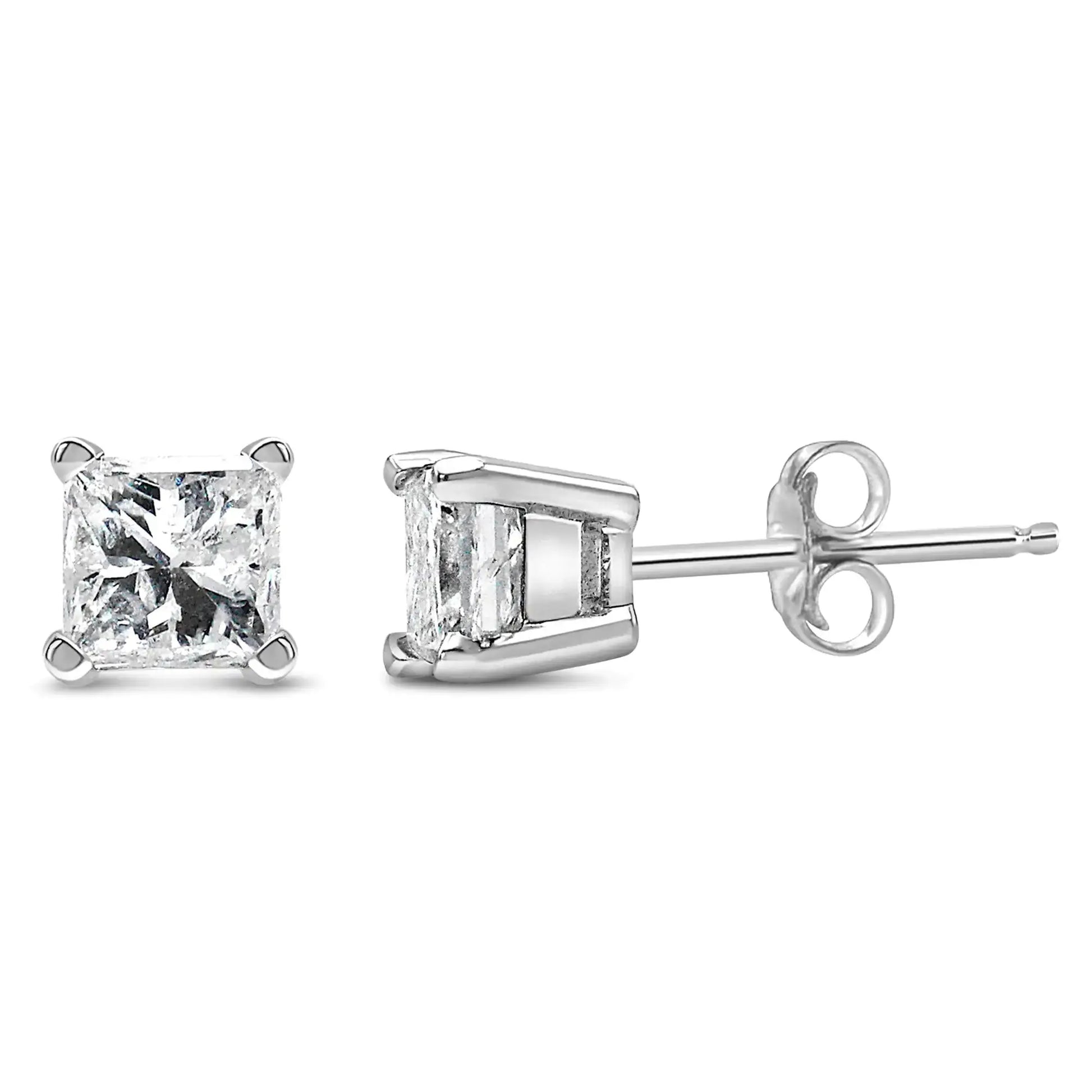 14K white gold princess cut lab-grown diamond solitaire stud earrings, F-G color, VS2-SI1 clarity, total 1 carat weight.
