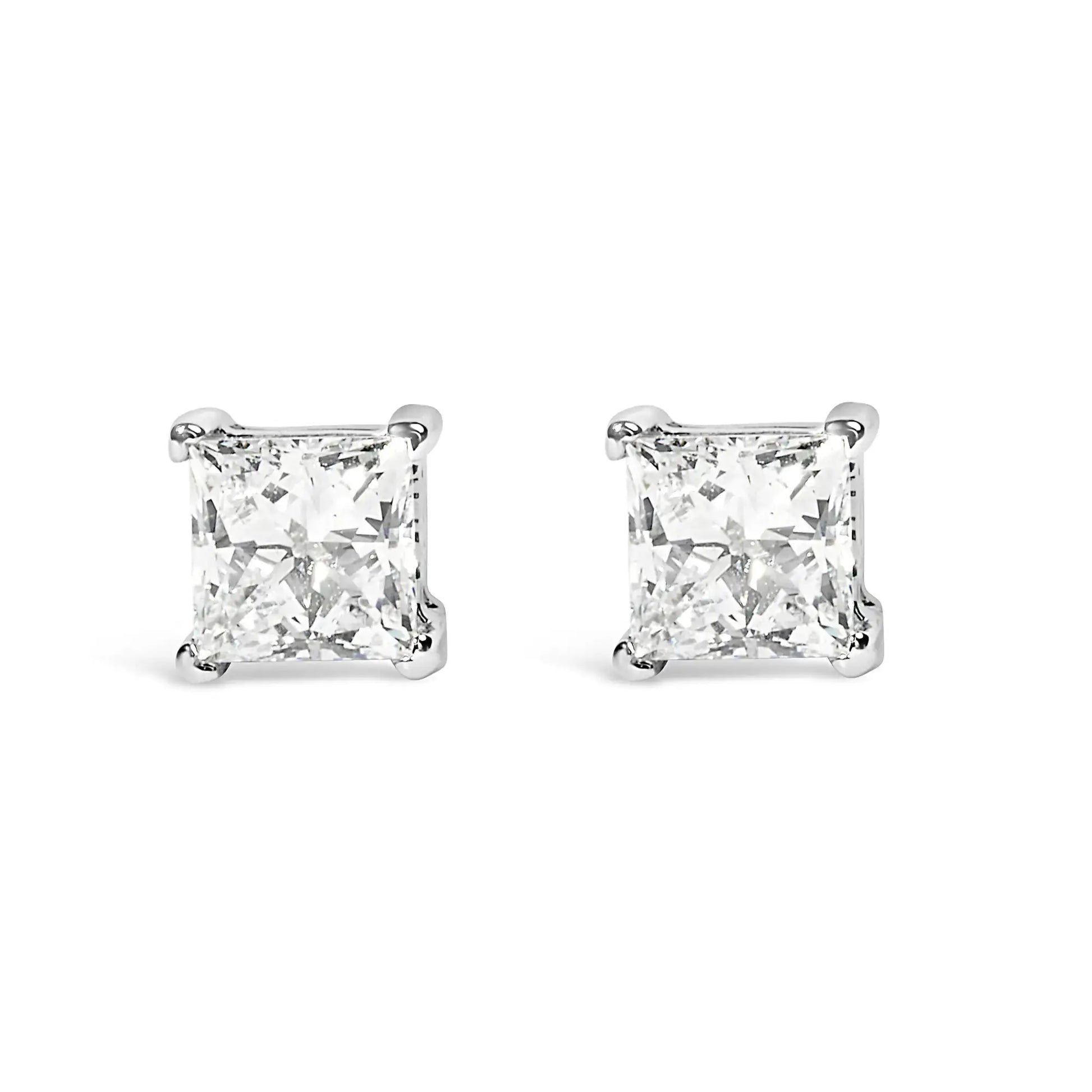 14K white gold princess cut lab-grown diamond solitaire stud earrings with F-G color and VS2-SI1 clarity.