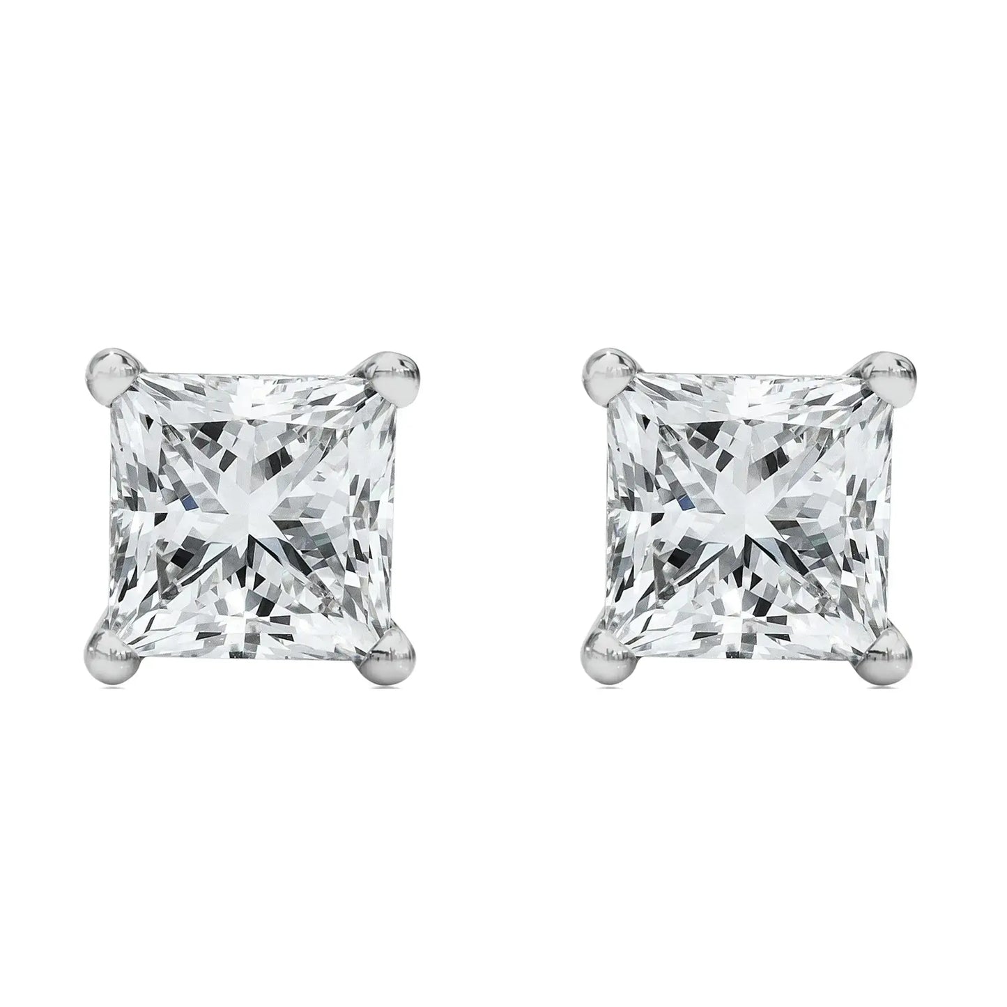 14K white gold princess cut lab-grown diamond solitaire stud earrings with F-G color and VS2-SI1 clarity.