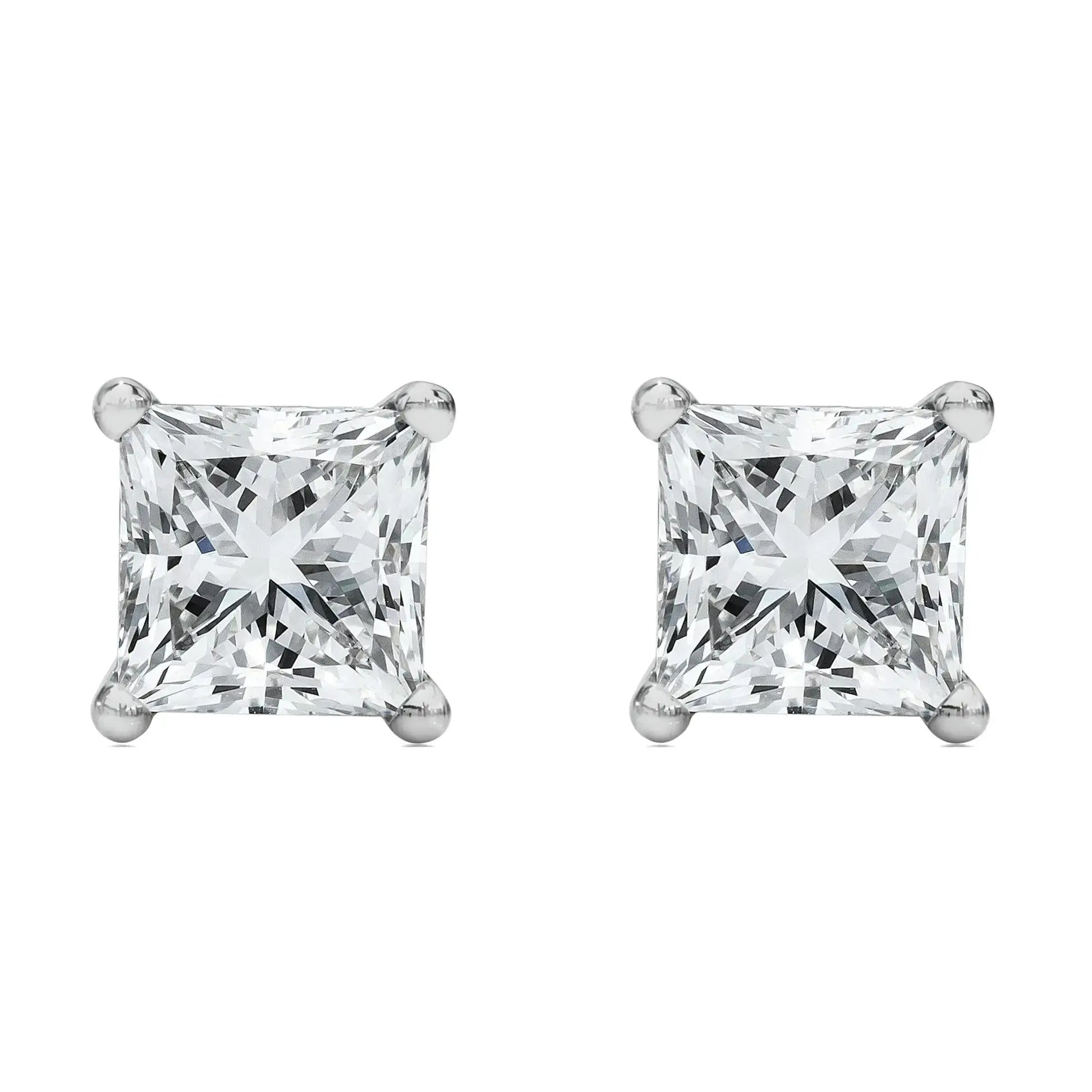 14K white gold princess cut lab-grown diamond solitaire stud earrings with F-G color and VS2-SI1 clarity.