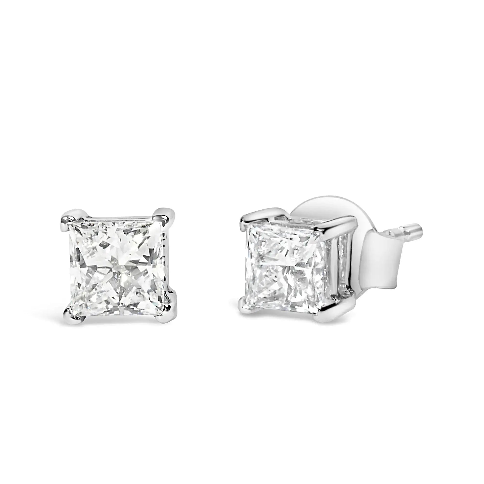 14K white gold princess cut lab-grown diamond solitaire stud earrings showcasing F-G color and VS2-SI1 clarity.