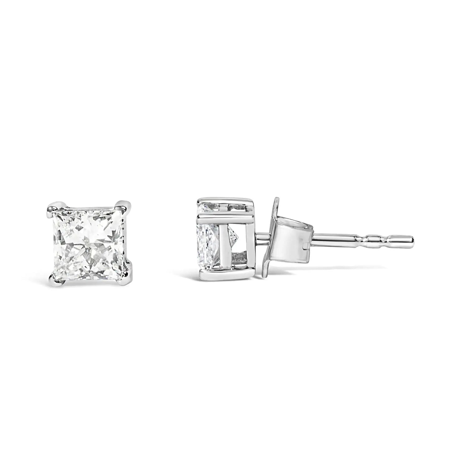 14K white gold princess cut lab-grown diamond solitaire stud earrings with F-G color and VS2-SI1 clarity.