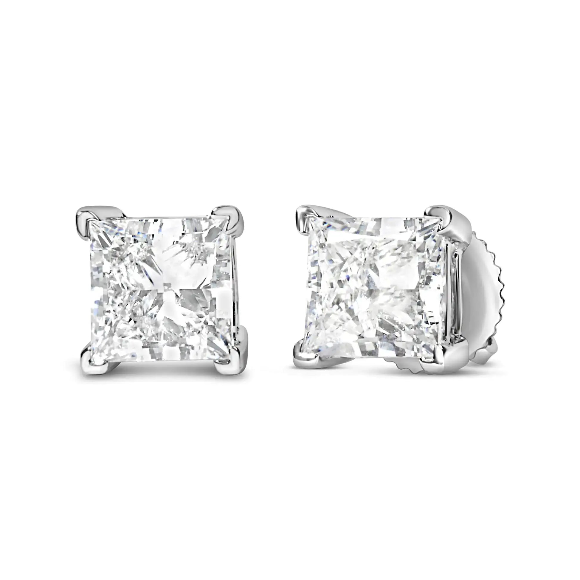 14K white gold solitaire stud earrings with 1/2 carat lab-grown princess cut diamonds, F-G color, VS2-SI1 clarity.