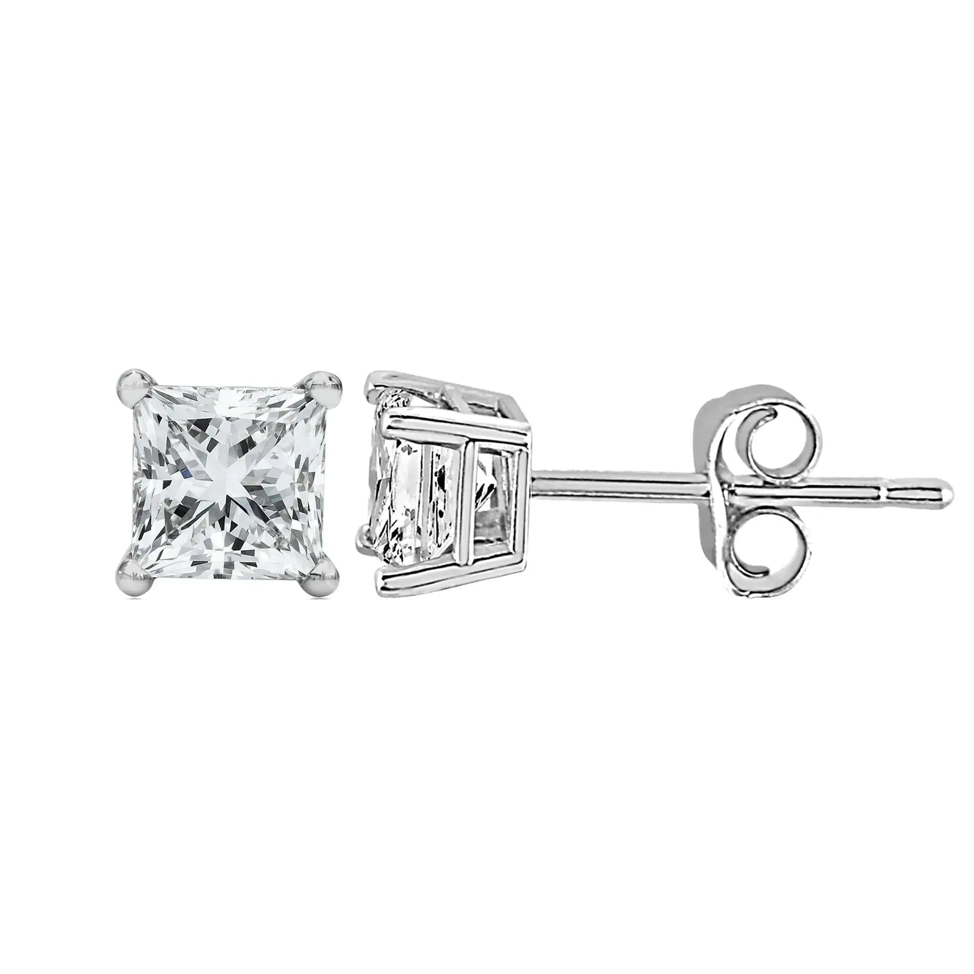 14K white gold princess cut lab-grown diamond solitaire stud earrings with F-G color and VS2-SI1 clarity.