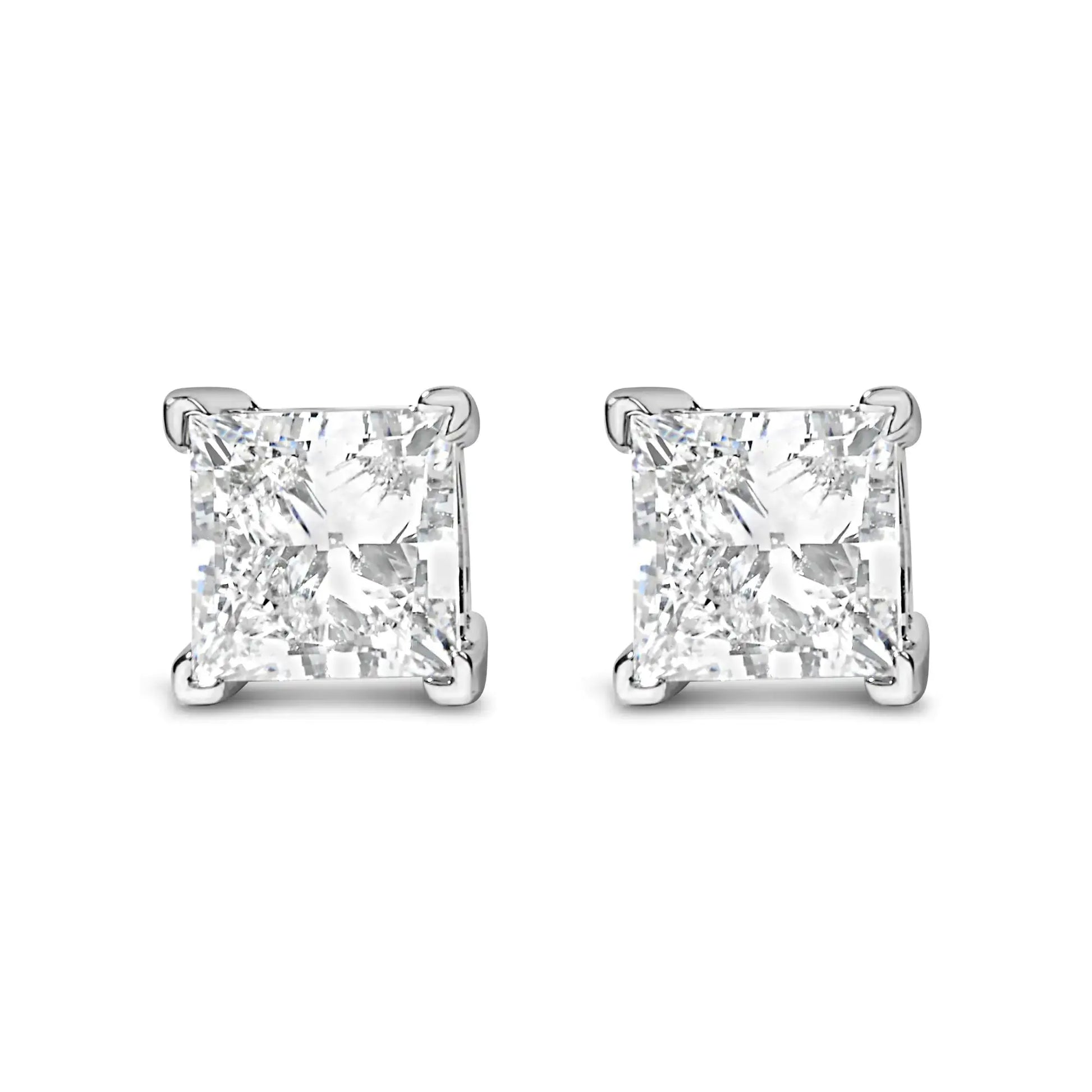 14K white gold princess cut lab-grown diamond stud earrings, F-G color, VS2-SI1 clarity, 1/2 carat each.