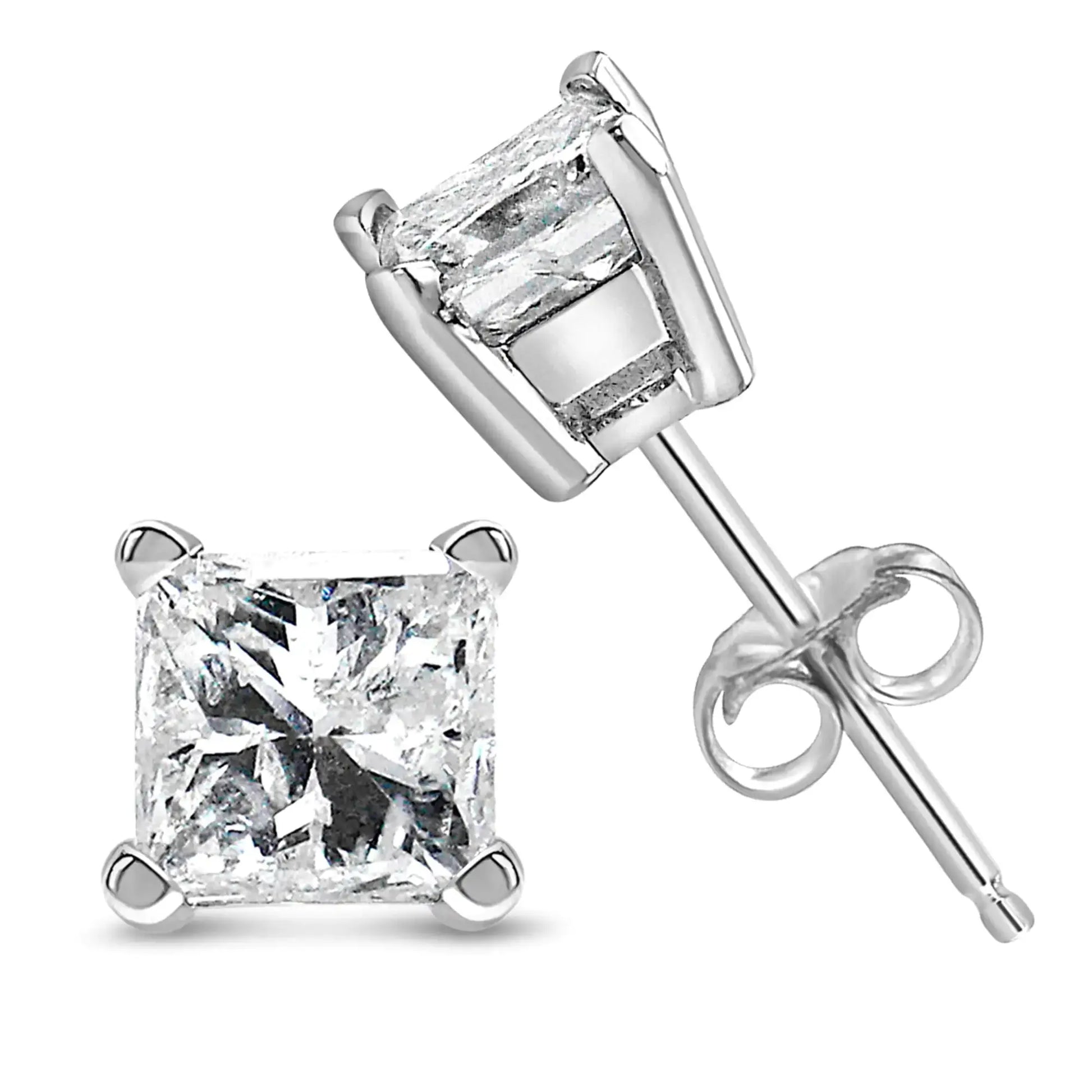 14K white gold princess cut lab-grown diamond stud earrings with F-G color and VS2-SI1 clarity.