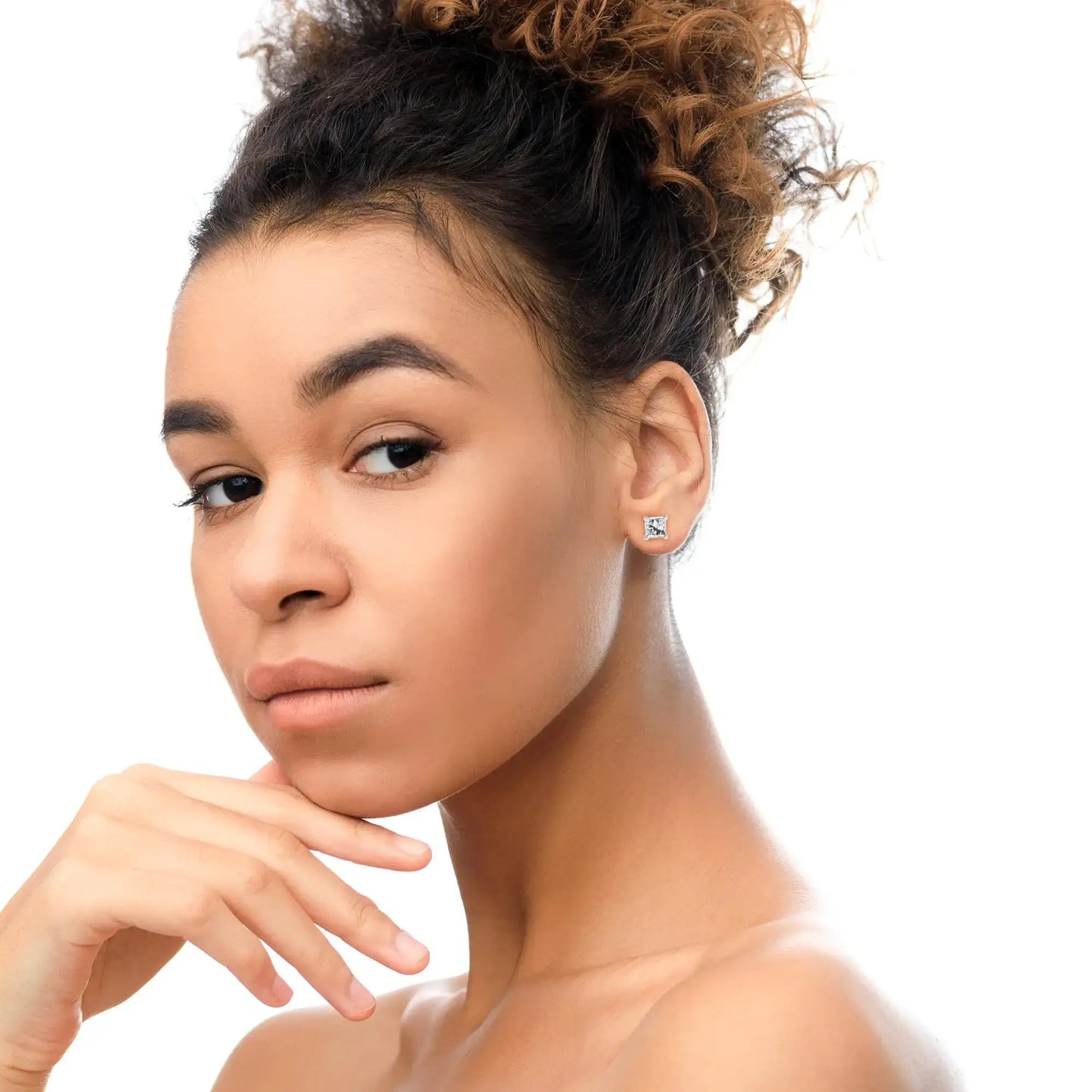 Model showcasing 14K white gold princess cut lab-grown diamond stud earrings, highlighting sophisticated elegance.