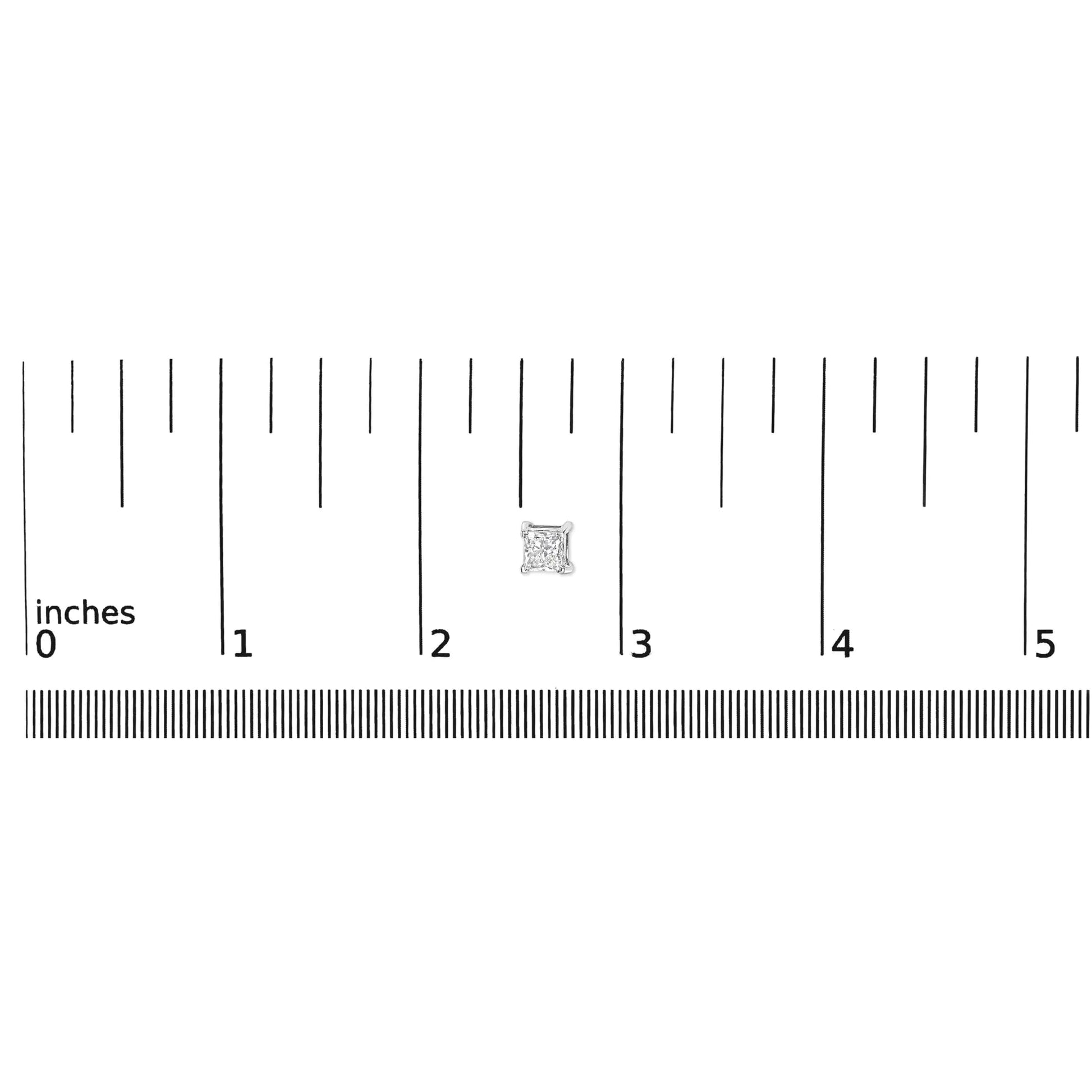 Size reference image of a princess cut lab-grown diamond next to a ruler in inches.
