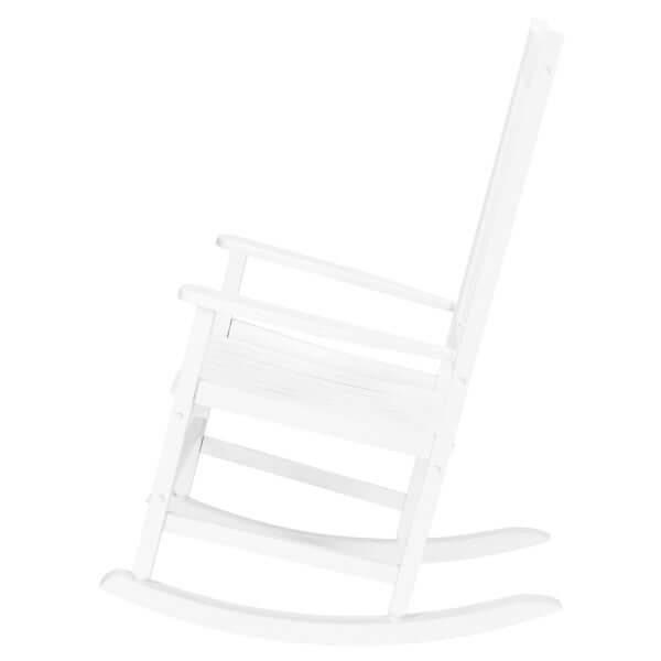 White wooden rocking chair ideal for outdoor settings, perfect for relaxing on the porch with coffee.